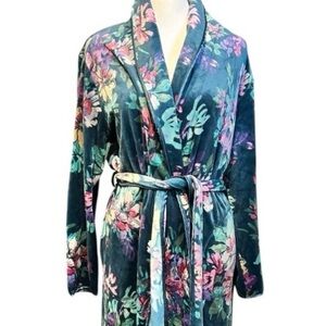 MISS ELAINE Plush Cozy Floral Long Wraparound Robe Pockets Velvety Stretchy EC S